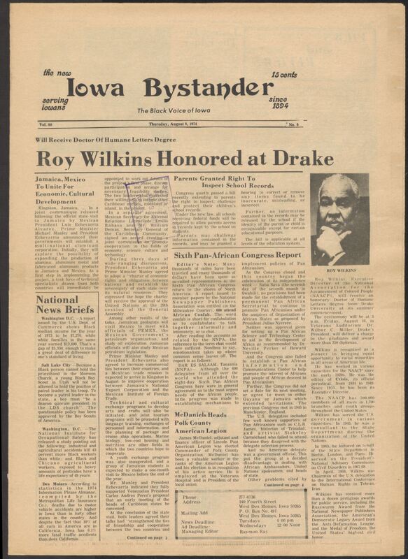 Iowa’s Bystander newspaper (going by various titles throughout the years) was established in Des Moines, Iowa in 1894. The weekly newspaper served as the voice of Iowa’s African American community and covered a variety of local, national, and occasionally international matters. Topics focused on the Black community and was founded with this intent. The newspaper went by various titles throughout the years including: Iowa State Bystander, Iowa Bystander, The Bystander, and The New Iowa Bystander.