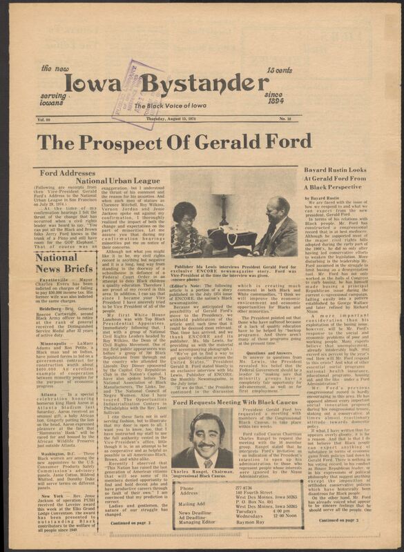 Iowa’s Bystander newspaper (going by various titles throughout the years) was established in Des Moines, Iowa in 1894. The weekly newspaper served as the voice of Iowa’s African American community and covered a variety of local, national, and occasionally international matters. Topics focused on the Black community and was founded with this intent. The newspaper went by various titles throughout the years including: Iowa State Bystander, Iowa Bystander, The Bystander, and The New Iowa Bystander.