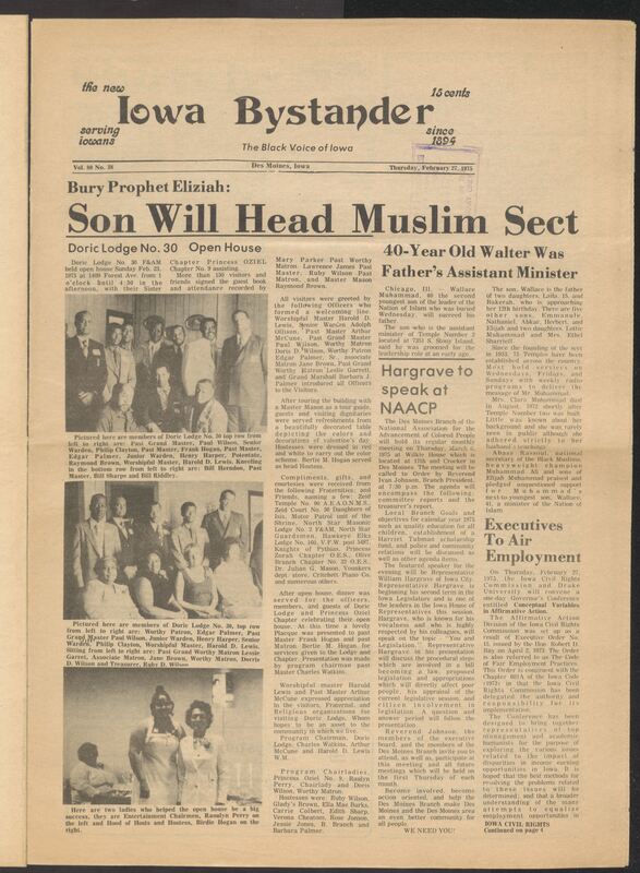 Iowa’s Bystander newspaper (going by various titles throughout the years) was established in Des Moines, Iowa in 1894. The weekly newspaper served as the voice of Iowa’s African American community and covered a variety of local, national, and occasionally international matters. Topics focused on the Black community and was founded with this intent. The newspaper went by various titles throughout the years including: Iowa State Bystander, Iowa Bystander, The Bystander, and The New Iowa Bystander.