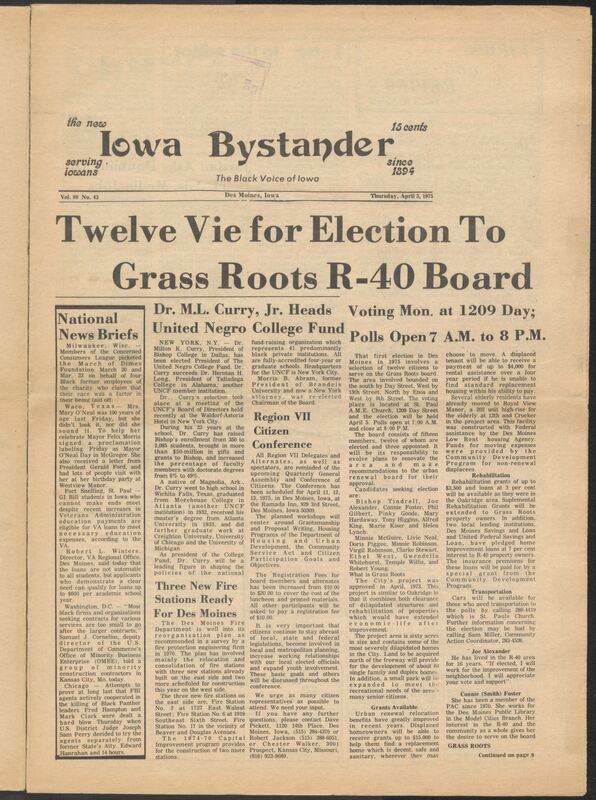 Iowa’s Bystander newspaper (going by various titles throughout the years) was established in Des Moines, Iowa in 1894. The weekly newspaper served as the voice of Iowa’s African American community and covered a variety of local, national, and occasionally international matters. Topics focused on the Black community and was founded with this intent. The newspaper went by various titles throughout the years including: Iowa State Bystander, Iowa Bystander, The Bystander, and The New Iowa Bystander.