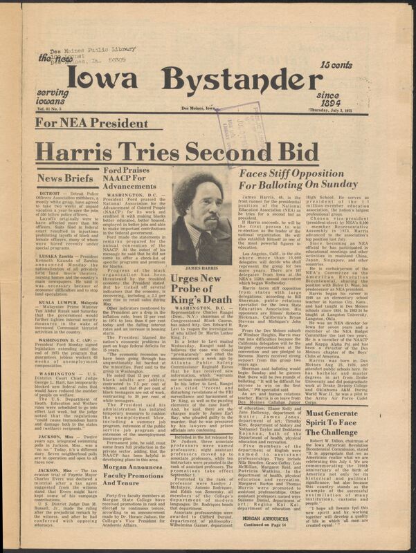 Iowa’s Bystander newspaper (going by various titles throughout the years) was established in Des Moines, Iowa in 1894. The weekly newspaper served as the voice of Iowa’s African American community and covered a variety of local, national, and occasionally international matters. Topics focused on the Black community and was founded with this intent. The newspaper went by various titles throughout the years including: Iowa State Bystander, Iowa Bystander, The Bystander, and The New Iowa Bystander.