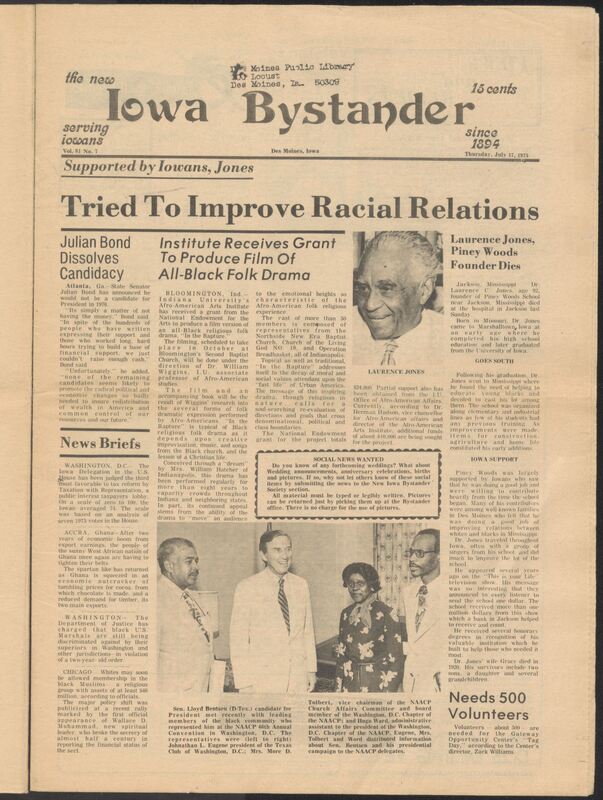 Iowa’s Bystander newspaper (going by various titles throughout the years) was established in Des Moines, Iowa in 1894. The weekly newspaper served as the voice of Iowa’s African American community and covered a variety of local, national, and occasionally international matters. Topics focused on the Black community and was founded with this intent. The newspaper went by various titles throughout the years including: Iowa State Bystander, Iowa Bystander, The Bystander, and The New Iowa Bystander.