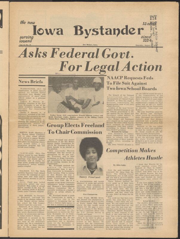 Iowa’s Bystander newspaper (going by various titles throughout the years) was established in Des Moines, Iowa in 1894. The weekly newspaper served as the voice of Iowa’s African American community and covered a variety of local, national, and occasionally international matters. Topics focused on the Black community and was founded with this intent. The newspaper went by various titles throughout the years including: Iowa State Bystander, Iowa Bystander, The Bystander, and The New Iowa Bystander.
