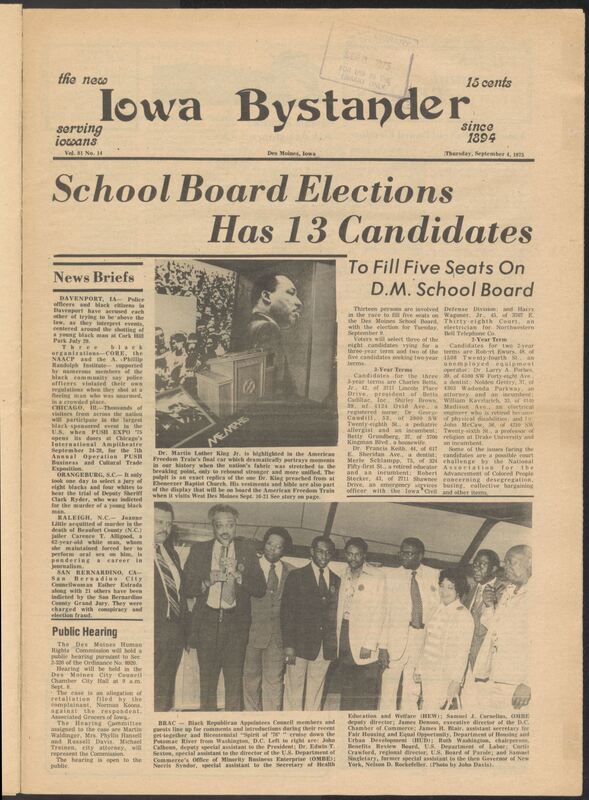Iowa’s Bystander newspaper (going by various titles throughout the years) was established in Des Moines, Iowa in 1894. The weekly newspaper served as the voice of Iowa’s African American community and covered a variety of local, national, and occasionally international matters. Topics focused on the Black community and was founded with this intent. The newspaper went by various titles throughout the years including: Iowa State Bystander, Iowa Bystander, The Bystander, and The New Iowa Bystander.