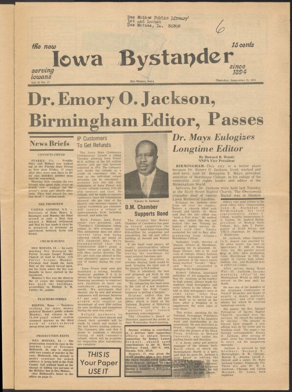 Iowa’s Bystander newspaper (going by various titles throughout the years) was established in Des Moines, Iowa in 1894. The weekly newspaper served as the voice of Iowa’s African American community and covered a variety of local, national, and occasionally international matters. Topics focused on the Black community and was founded with this intent. The newspaper went by various titles throughout the years including: Iowa State Bystander, Iowa Bystander, The Bystander, and The New Iowa Bystander.
