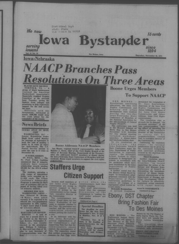 Iowa’s Bystander newspaper (going by various titles throughout the years) was established in Des Moines, Iowa in 1894. The weekly newspaper served as the voice of Iowa’s African American community and covered a variety of local, national, and occasionally international matters. Topics focused on the Black community and was founded with this intent. The newspaper went by various titles throughout the years including: Iowa State Bystander, Iowa Bystander, The Bystander, and The New Iowa Bystander.