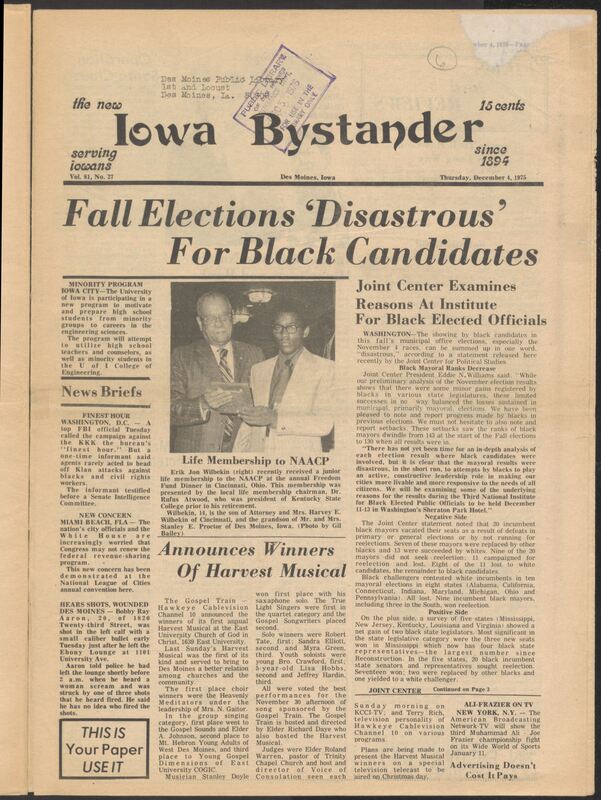 Iowa’s Bystander newspaper (going by various titles throughout the years) was established in Des Moines, Iowa in 1894. The weekly newspaper served as the voice of Iowa’s African American community and covered a variety of local, national, and occasionally international matters. Topics focused on the Black community and was founded with this intent. The newspaper went by various titles throughout the years including: Iowa State Bystander, Iowa Bystander, The Bystander, and The New Iowa Bystander.