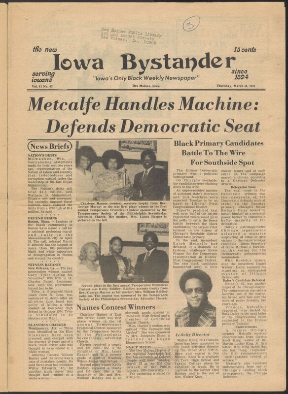 Iowa’s Bystander newspaper (going by various titles throughout the years) was established in Des Moines, Iowa in 1894. The weekly newspaper served as the voice of Iowa’s African American community and covered a variety of local, national, and occasionally international matters. Topics focused on the Black community and was founded with this intent. The newspaper went by various titles throughout the years including: Iowa State Bystander, Iowa Bystander, The Bystander, and The New Iowa Bystander.