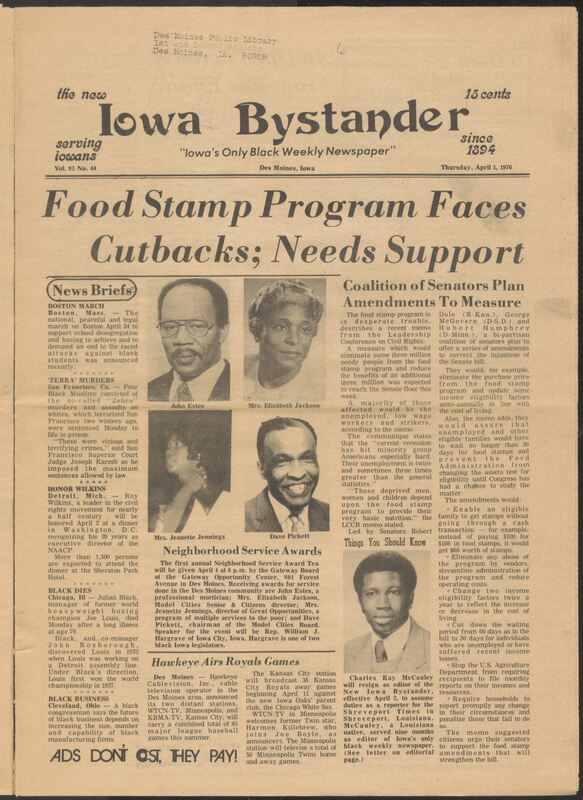 Iowa’s Bystander newspaper (going by various titles throughout the years) was established in Des Moines, Iowa in 1894. The weekly newspaper served as the voice of Iowa’s African American community and covered a variety of local, national, and occasionally international matters. Topics focused on the Black community and was founded with this intent. The newspaper went by various titles throughout the years including: Iowa State Bystander, Iowa Bystander, The Bystander, and The New Iowa Bystander.