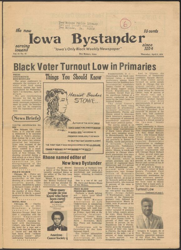 Iowa’s Bystander newspaper (going by various titles throughout the years) was established in Des Moines, Iowa in 1894. The weekly newspaper served as the voice of Iowa’s African American community and covered a variety of local, national, and occasionally international matters. Topics focused on the Black community and was founded with this intent. The newspaper went by various titles throughout the years including: Iowa State Bystander, Iowa Bystander, The Bystander, and The New Iowa Bystander.