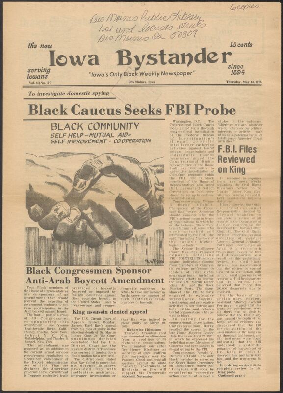 Iowa’s Bystander newspaper (going by various titles throughout the years) was established in Des Moines, Iowa in 1894. The weekly newspaper served as the voice of Iowa’s African American community and covered a variety of local, national, and occasionally international matters. Topics focused on the Black community and was founded with this intent. The newspaper went by various titles throughout the years including: Iowa State Bystander, Iowa Bystander, The Bystander, and The New Iowa Bystander.