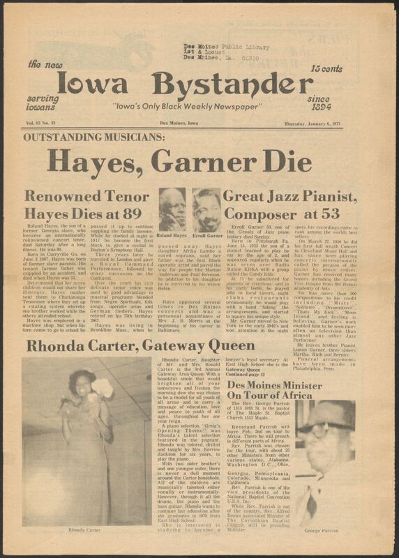 Iowa’s Bystander newspaper (going by various titles throughout the years) was established in Des Moines, Iowa in 1894. The weekly newspaper served as the voice of Iowa’s African American community and covered a variety of local, national, and occasionally international matters. Topics focused on the Black community and was founded with this intent. The newspaper went by various titles throughout the years including: Iowa State Bystander, Iowa Bystander, The Bystander, and The New Iowa Bystander.