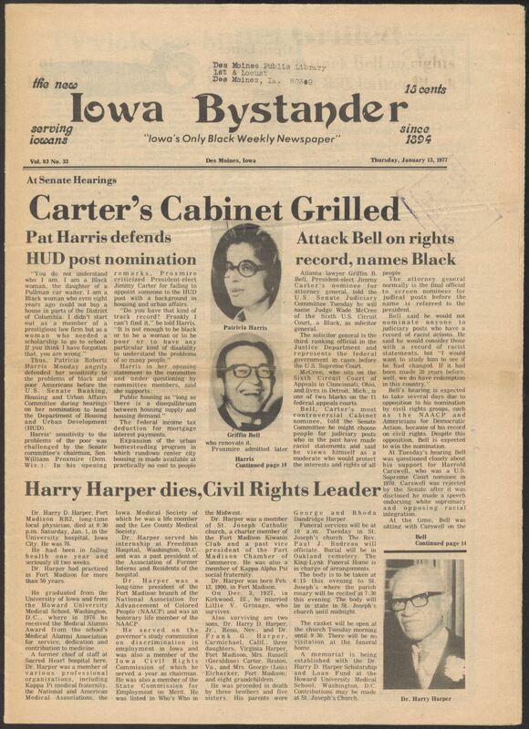 Iowa’s Bystander newspaper (going by various titles throughout the years) was established in Des Moines, Iowa in 1894. The weekly newspaper served as the voice of Iowa’s African American community and covered a variety of local, national, and occasionally international matters. Topics focused on the Black community and was founded with this intent. The newspaper went by various titles throughout the years including: Iowa State Bystander, Iowa Bystander, The Bystander, and The New Iowa Bystander.