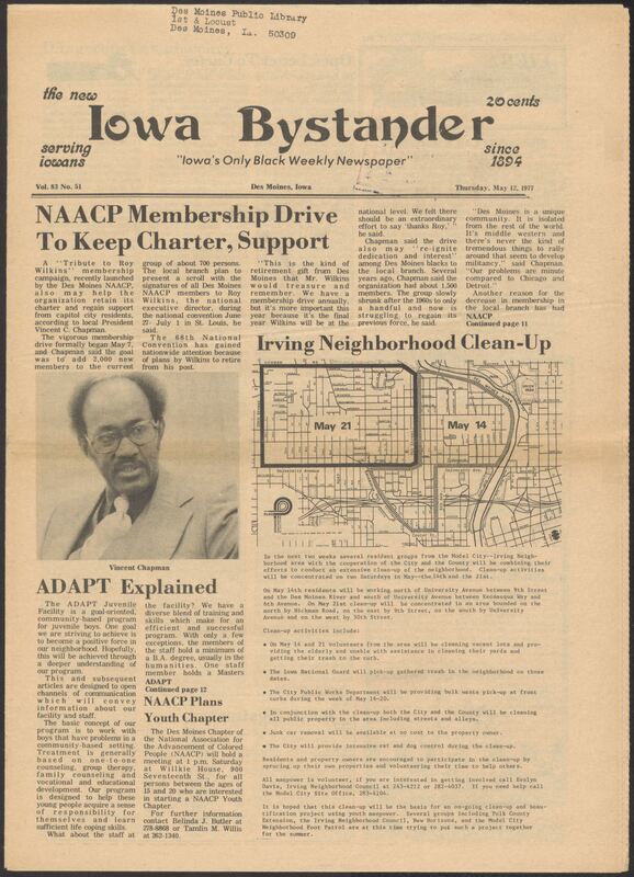Iowa’s Bystander newspaper (going by various titles throughout the years) was established in Des Moines, Iowa in 1894. The weekly newspaper served as the voice of Iowa’s African American community and covered a variety of local, national, and occasionally international matters. Topics focused on the Black community and was founded with this intent. The newspaper went by various titles throughout the years including: Iowa State Bystander, Iowa Bystander, The Bystander, and The New Iowa Bystander.