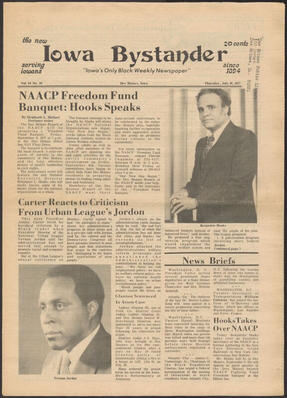 Iowa’s Bystander newspaper (going by various titles throughout the years) was established in Des Moines, Iowa in 1894. The weekly newspaper served as the voice of Iowa’s African American community and covered a variety of local, national, and occasionally international matters. Topics focused on the Black community and was founded with this intent. The newspaper went by various titles throughout the years including: Iowa State Bystander, Iowa Bystander, The Bystander, and The New Iowa Bystander.