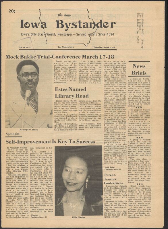Iowa’s Bystander newspaper (going by various titles throughout the years) was established in Des Moines, Iowa in 1894. The weekly newspaper served as the voice of Iowa’s African American community and covered a variety of local, national, and occasionally international matters. Topics focused on the Black community and was founded with this intent. The newspaper went by various titles throughout the years including: Iowa State Bystander, Iowa Bystander, The Bystander, and The New Iowa Bystander.