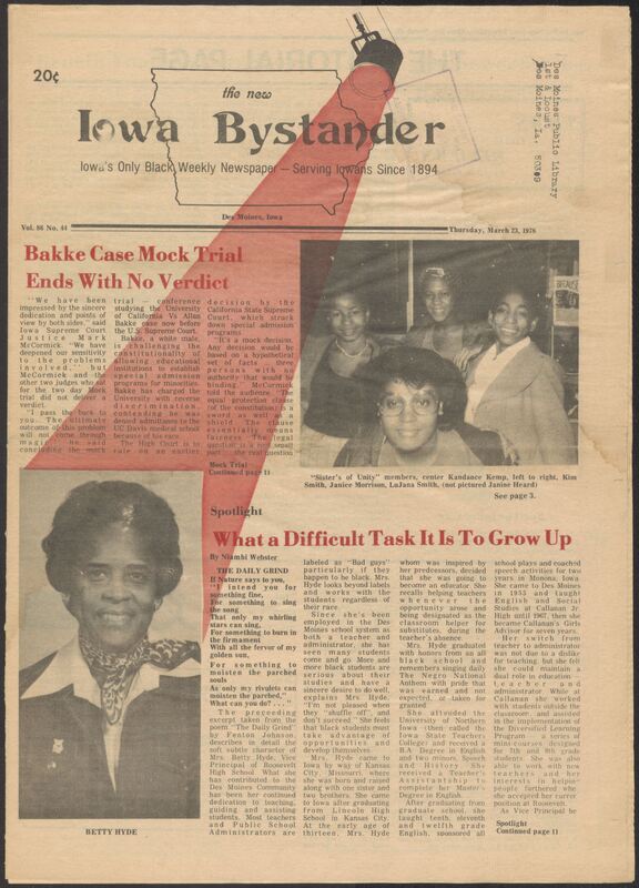Iowa’s Bystander newspaper (going by various titles throughout the years) was established in Des Moines, Iowa in 1894. The weekly newspaper served as the voice of Iowa’s African American community and covered a variety of local, national, and occasionally international matters. Topics focused on the Black community and was founded with this intent. The newspaper went by various titles throughout the years including: Iowa State Bystander, Iowa Bystander, The Bystander, and The New Iowa Bystander.