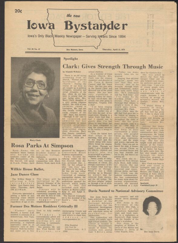 Iowa’s Bystander newspaper (going by various titles throughout the years) was established in Des Moines, Iowa in 1894. The weekly newspaper served as the voice of Iowa’s African American community and covered a variety of local, national, and occasionally international matters. Topics focused on the Black community and was founded with this intent. The newspaper went by various titles throughout the years including: Iowa State Bystander, Iowa Bystander, The Bystander, and The New Iowa Bystander.