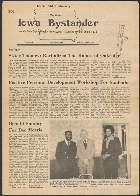 Iowa’s Bystander newspaper (going by various titles throughout the years) was established in Des Moines, Iowa in 1894. The weekly newspaper served as the voice of Iowa’s African American community and covered a variety of local, national, and occasionally international matters. Topics focused on the Black community and was founded with this intent. The newspaper went by various titles throughout the years including: Iowa State Bystander, Iowa Bystander, The Bystander, and The New Iowa Bystander.