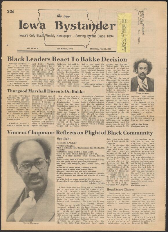 Iowa’s Bystander newspaper (going by various titles throughout the years) was established in Des Moines, Iowa in 1894. The weekly newspaper served as the voice of Iowa’s African American community and covered a variety of local, national, and occasionally international matters. Topics focused on the Black community and was founded with this intent. The newspaper went by various titles throughout the years including: Iowa State Bystander, Iowa Bystander, The Bystander, and The New Iowa Bystander.