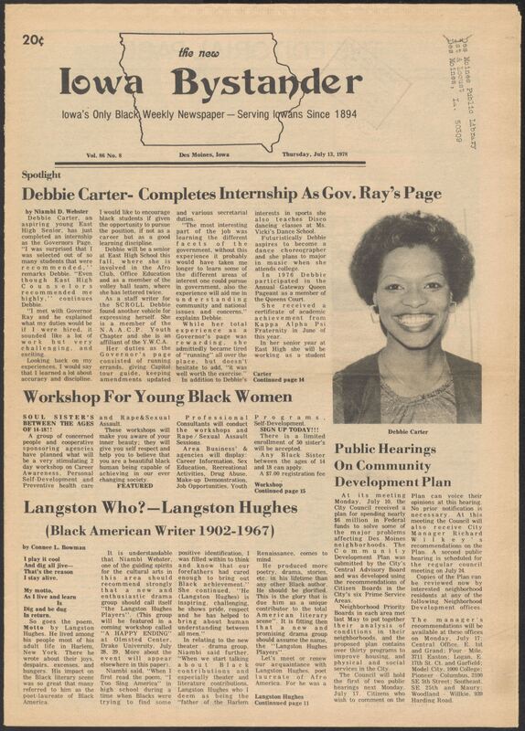 Iowa’s Bystander newspaper (going by various titles throughout the years) was established in Des Moines, Iowa in 1894. The weekly newspaper served as the voice of Iowa’s African American community and covered a variety of local, national, and occasionally international matters. Topics focused on the Black community and was founded with this intent. The newspaper went by various titles throughout the years including: Iowa State Bystander, Iowa Bystander, The Bystander, and The New Iowa Bystander.