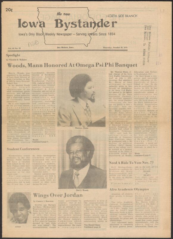 Iowa’s Bystander newspaper (going by various titles throughout the years) was established in Des Moines, Iowa in 1894. The weekly newspaper served as the voice of Iowa’s African American community and covered a variety of local, national, and occasionally international matters. Topics focused on the Black community and was founded with this intent. The newspaper went by various titles throughout the years including: Iowa State Bystander, Iowa Bystander, The Bystander, and The New Iowa Bystander.