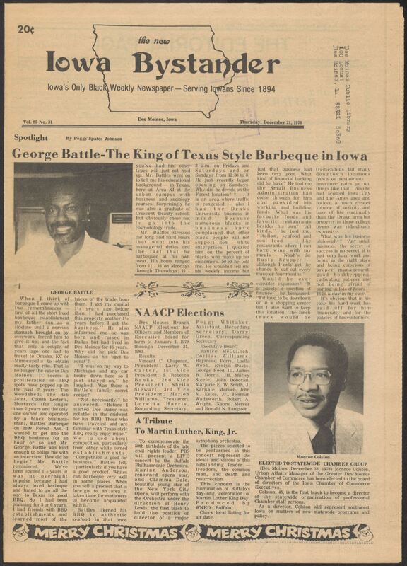 Iowa’s Bystander newspaper (going by various titles throughout the years) was established in Des Moines, Iowa in 1894. The weekly newspaper served as the voice of Iowa’s African American community and covered a variety of local, national, and occasionally international matters. Topics focused on the Black community and was founded with this intent. The newspaper went by various titles throughout the years including: Iowa State Bystander, Iowa Bystander, The Bystander, and The New Iowa Bystander.