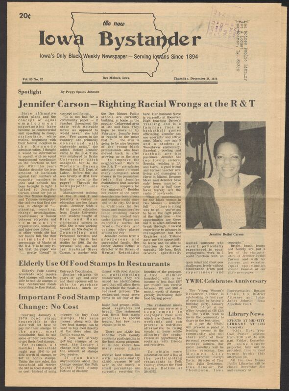 Iowa’s Bystander newspaper (going by various titles throughout the years) was established in Des Moines, Iowa in 1894. The weekly newspaper served as the voice of Iowa’s African American community and covered a variety of local, national, and occasionally international matters. Topics focused on the Black community and was founded with this intent. The newspaper went by various titles throughout the years including: Iowa State Bystander, Iowa Bystander, The Bystander, and The New Iowa Bystander.