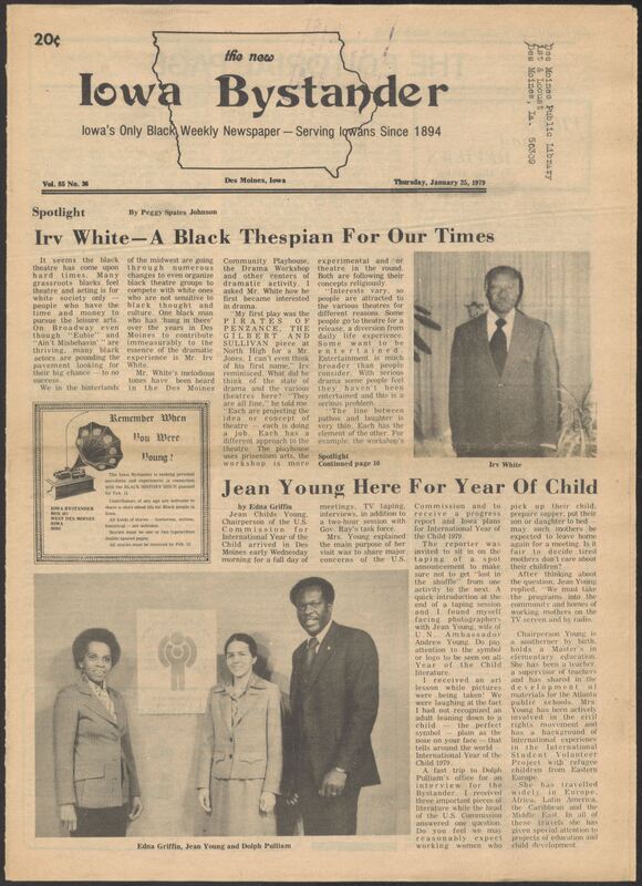 Iowa’s Bystander newspaper (going by various titles throughout the years) was established in Des Moines, Iowa in 1894. The weekly newspaper served as the voice of Iowa’s African American community and covered a variety of local, national, and occasionally international matters. Topics focused on the Black community and was founded with this intent. The newspaper went by various titles throughout the years including: Iowa State Bystander, Iowa Bystander, The Bystander, and The New Iowa Bystander.