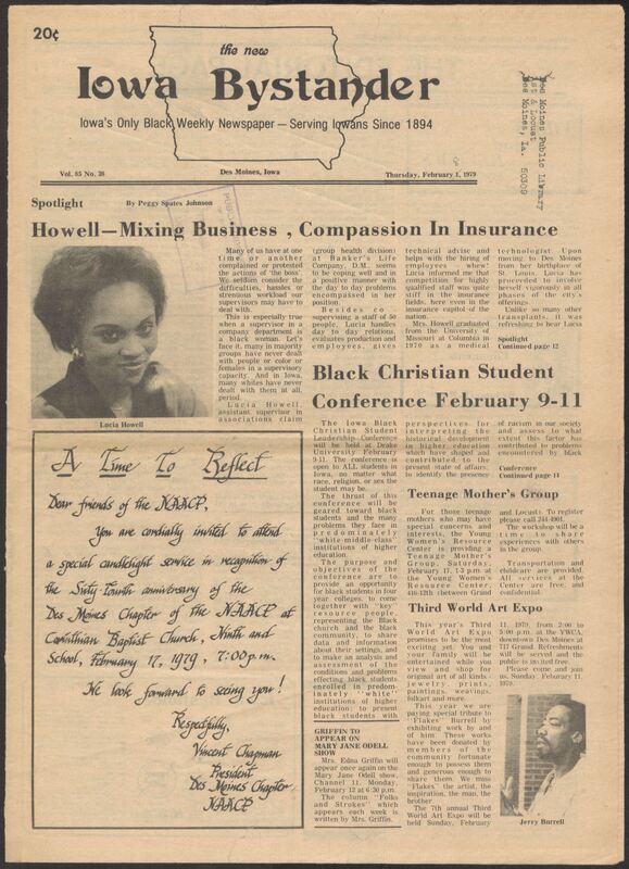 Iowa’s Bystander newspaper (going by various titles throughout the years) was established in Des Moines, Iowa in 1894. The weekly newspaper served as the voice of Iowa’s African American community and covered a variety of local, national, and occasionally international matters. Topics focused on the Black community and was founded with this intent. The newspaper went by various titles throughout the years including: Iowa State Bystander, Iowa Bystander, The Bystander, and The New Iowa Bystander.