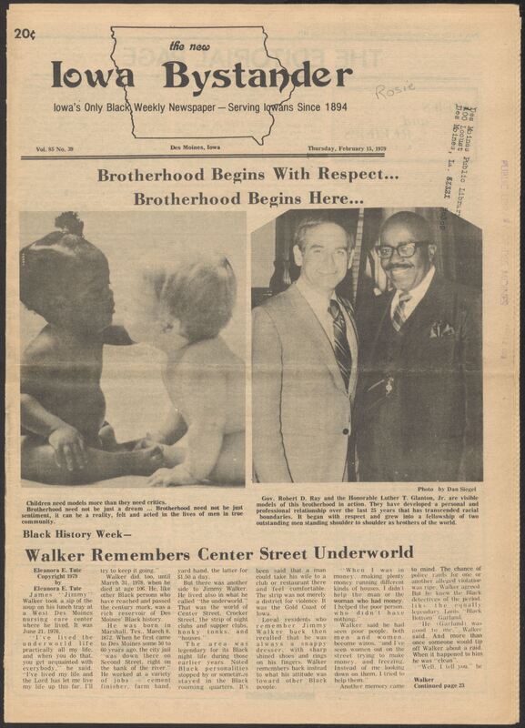 Iowa’s Bystander newspaper (going by various titles throughout the years) was established in Des Moines, Iowa in 1894. The weekly newspaper served as the voice of Iowa’s African American community and covered a variety of local, national, and occasionally international matters. Topics focused on the Black community and was founded with this intent. The newspaper went by various titles throughout the years including: Iowa State Bystander, Iowa Bystander, The Bystander, and The New Iowa Bystander.