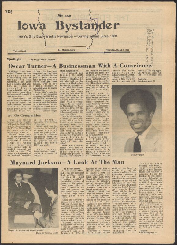 Iowa’s Bystander newspaper (going by various titles throughout the years) was established in Des Moines, Iowa in 1894. The weekly newspaper served as the voice of Iowa’s African American community and covered a variety of local, national, and occasionally international matters. Topics focused on the Black community and was founded with this intent. The newspaper went by various titles throughout the years including: Iowa State Bystander, Iowa Bystander, The Bystander, and The New Iowa Bystander.