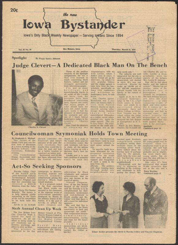 Iowa’s Bystander newspaper (going by various titles throughout the years) was established in Des Moines, Iowa in 1894. The weekly newspaper served as the voice of Iowa’s African American community and covered a variety of local, national, and occasionally international matters. Topics focused on the Black community and was founded with this intent. The newspaper went by various titles throughout the years including: Iowa State Bystander, Iowa Bystander, The Bystander, and The New Iowa Bystander.