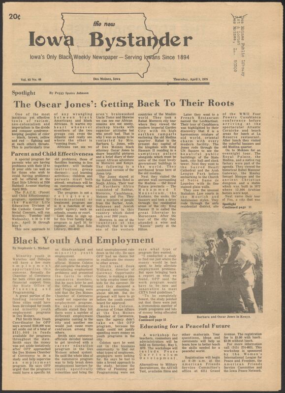 Iowa’s Bystander newspaper (going by various titles throughout the years) was established in Des Moines, Iowa in 1894. The weekly newspaper served as the voice of Iowa’s African American community and covered a variety of local, national, and occasionally international matters. Topics focused on the Black community and was founded with this intent. The newspaper went by various titles throughout the years including: Iowa State Bystander, Iowa Bystander, The Bystander, and The New Iowa Bystander.