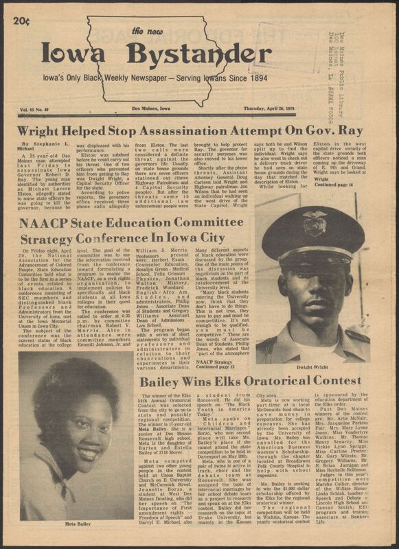 Iowa’s Bystander newspaper (going by various titles throughout the years) was established in Des Moines, Iowa in 1894. The weekly newspaper served as the voice of Iowa’s African American community and covered a variety of local, national, and occasionally international matters. Topics focused on the Black community and was founded with this intent. The newspaper went by various titles throughout the years including: Iowa State Bystander, Iowa Bystander, The Bystander, and The New Iowa Bystander.