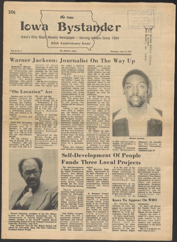 Iowa’s Bystander newspaper (going by various titles throughout the years) was established in Des Moines, Iowa in 1894. The weekly newspaper served as the voice of Iowa’s African American community and covered a variety of local, national, and occasionally international matters. Topics focused on the Black community and was founded with this intent. The newspaper went by various titles throughout the years including: Iowa State Bystander, Iowa Bystander, The Bystander, and The New Iowa Bystander.