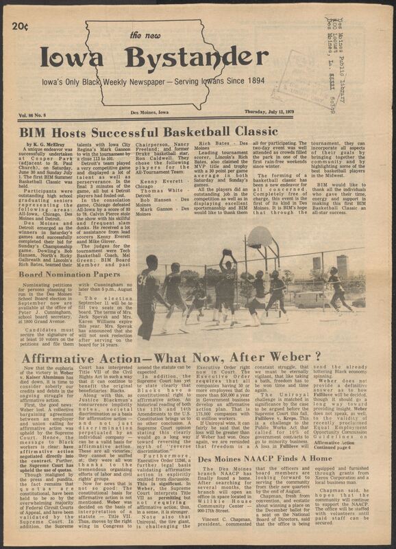 Iowa’s Bystander newspaper (going by various titles throughout the years) was established in Des Moines, Iowa in 1894. The weekly newspaper served as the voice of Iowa’s African American community and covered a variety of local, national, and occasionally international matters. Topics focused on the Black community and was founded with this intent. The newspaper went by various titles throughout the years including: Iowa State Bystander, Iowa Bystander, The Bystander, and The New Iowa Bystander.