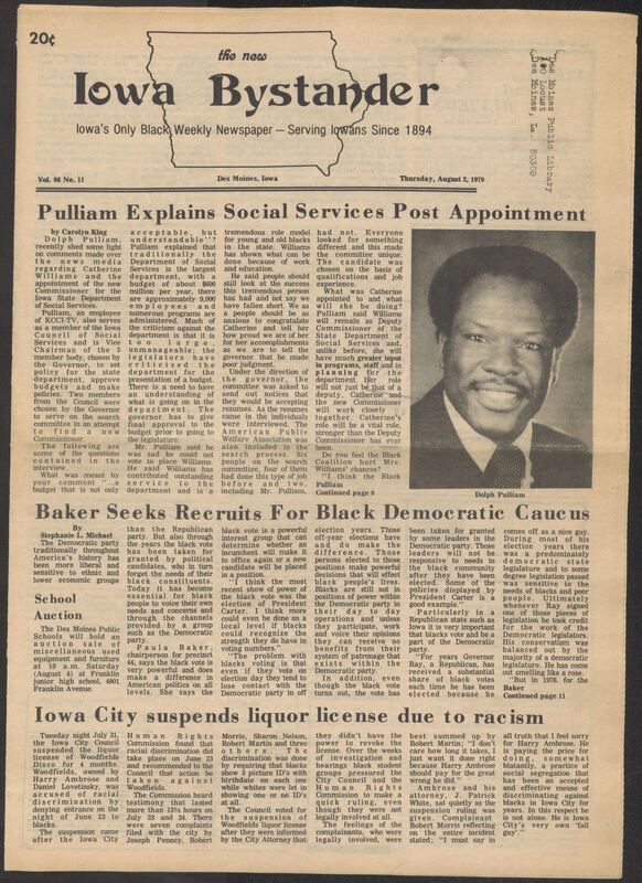 Iowa’s Bystander newspaper (going by various titles throughout the years) was established in Des Moines, Iowa in 1894. The weekly newspaper served as the voice of Iowa’s African American community and covered a variety of local, national, and occasionally international matters. Topics focused on the Black community and was founded with this intent. The newspaper went by various titles throughout the years including: Iowa State Bystander, Iowa Bystander, The Bystander, and The New Iowa Bystander.