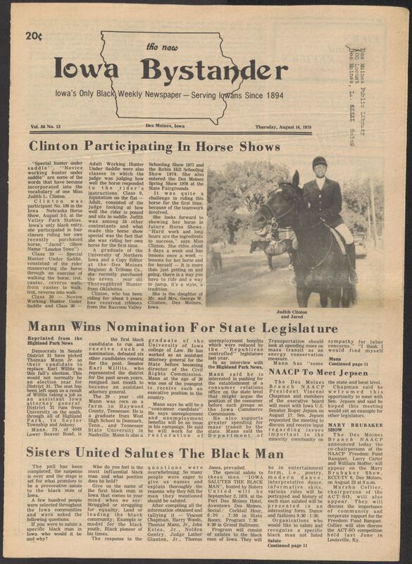 Iowa’s Bystander newspaper (going by various titles throughout the years) was established in Des Moines, Iowa in 1894. The weekly newspaper served as the voice of Iowa’s African American community and covered a variety of local, national, and occasionally international matters. Topics focused on the Black community and was founded with this intent. The newspaper went by various titles throughout the years including: Iowa State Bystander, Iowa Bystander, The Bystander, and The New Iowa Bystander.