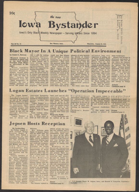 Iowa’s Bystander newspaper (going by various titles throughout the years) was established in Des Moines, Iowa in 1894. The weekly newspaper served as the voice of Iowa’s African American community and covered a variety of local, national, and occasionally international matters. Topics focused on the Black community and was founded with this intent. The newspaper went by various titles throughout the years including: Iowa State Bystander, Iowa Bystander, The Bystander, and The New Iowa Bystander.