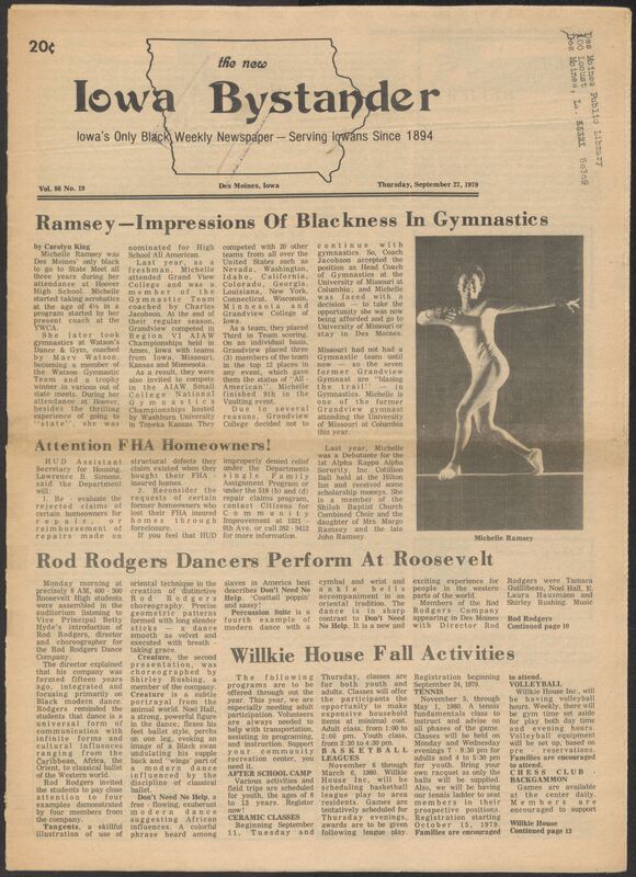 Iowa’s Bystander newspaper (going by various titles throughout the years) was established in Des Moines, Iowa in 1894. The weekly newspaper served as the voice of Iowa’s African American community and covered a variety of local, national, and occasionally international matters. Topics focused on the Black community and was founded with this intent. The newspaper went by various titles throughout the years including: Iowa State Bystander, Iowa Bystander, The Bystander, and The New Iowa Bystander.