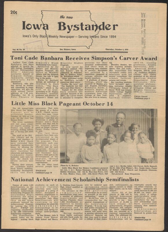 Iowa’s Bystander newspaper (going by various titles throughout the years) was established in Des Moines, Iowa in 1894. The weekly newspaper served as the voice of Iowa’s African American community and covered a variety of local, national, and occasionally international matters. Topics focused on the Black community and was founded with this intent. The newspaper went by various titles throughout the years including: Iowa State Bystander, Iowa Bystander, The Bystander, and The New Iowa Bystander.