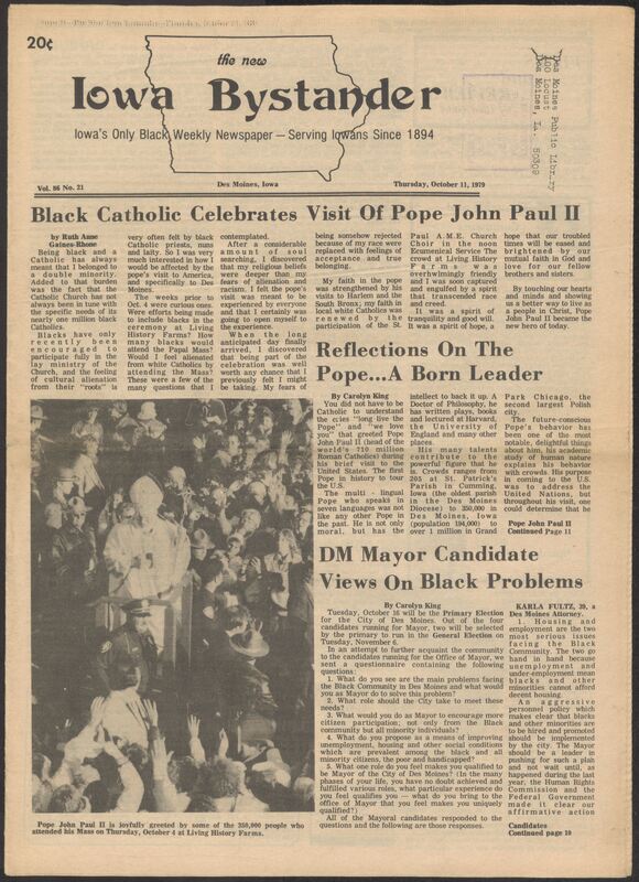 Iowa’s Bystander newspaper (going by various titles throughout the years) was established in Des Moines, Iowa in 1894. The weekly newspaper served as the voice of Iowa’s African American community and covered a variety of local, national, and occasionally international matters. Topics focused on the Black community and was founded with this intent. The newspaper went by various titles throughout the years including: Iowa State Bystander, Iowa Bystander, The Bystander, and The New Iowa Bystander.