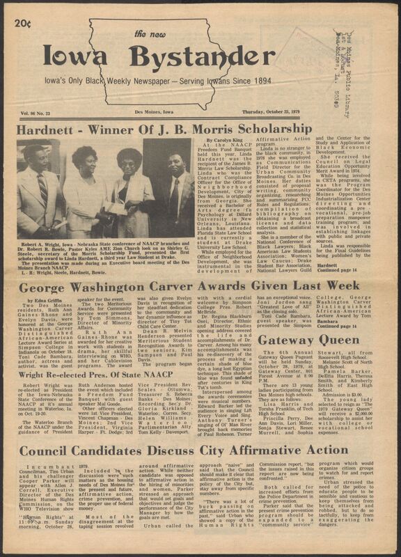 Iowa’s Bystander newspaper (going by various titles throughout the years) was established in Des Moines, Iowa in 1894. The weekly newspaper served as the voice of Iowa’s African American community and covered a variety of local, national, and occasionally international matters. Topics focused on the Black community and was founded with this intent. The newspaper went by various titles throughout the years including: Iowa State Bystander, Iowa Bystander, The Bystander, and The New Iowa Bystander.