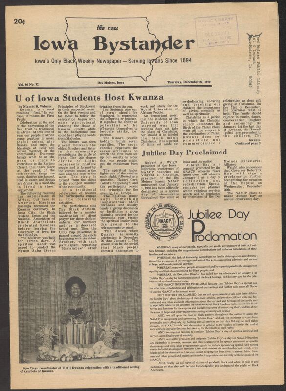Iowa’s Bystander newspaper (going by various titles throughout the years) was established in Des Moines, Iowa in 1894. The weekly newspaper served as the voice of Iowa’s African American community and covered a variety of local, national, and occasionally international matters. Topics focused on the Black community and was founded with this intent. The newspaper went by various titles throughout the years including: Iowa State Bystander, Iowa Bystander, The Bystander, and The New Iowa Bystander.
