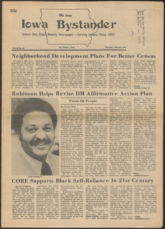Iowa’s Bystander newspaper (going by various titles throughout the years) was established in Des Moines, Iowa in 1894. The weekly newspaper served as the voice of Iowa’s African American community and covered a variety of local, national, and occasionally international matters. Topics focused on the Black community and was founded with this intent. The newspaper went by various titles throughout the years including: Iowa State Bystander, Iowa Bystander, The Bystander, and The New Iowa Bystander.
