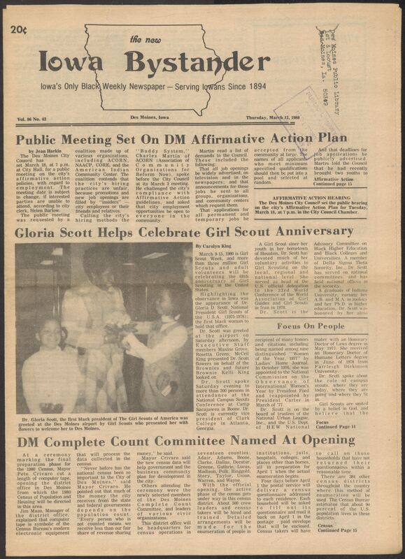 Iowa’s Bystander newspaper (going by various titles throughout the years) was established in Des Moines, Iowa in 1894. The weekly newspaper served as the voice of Iowa’s African American community and covered a variety of local, national, and occasionally international matters. Topics focused on the Black community and was founded with this intent. The newspaper went by various titles throughout the years including: Iowa State Bystander, Iowa Bystander, The Bystander, and The New Iowa Bystander.