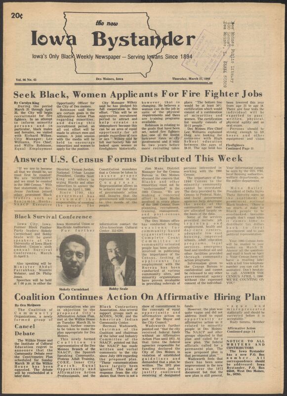 Iowa’s Bystander newspaper (going by various titles throughout the years) was established in Des Moines, Iowa in 1894. The weekly newspaper served as the voice of Iowa’s African American community and covered a variety of local, national, and occasionally international matters. Topics focused on the Black community and was founded with this intent. The newspaper went by various titles throughout the years including: Iowa State Bystander, Iowa Bystander, The Bystander, and The New Iowa Bystander.