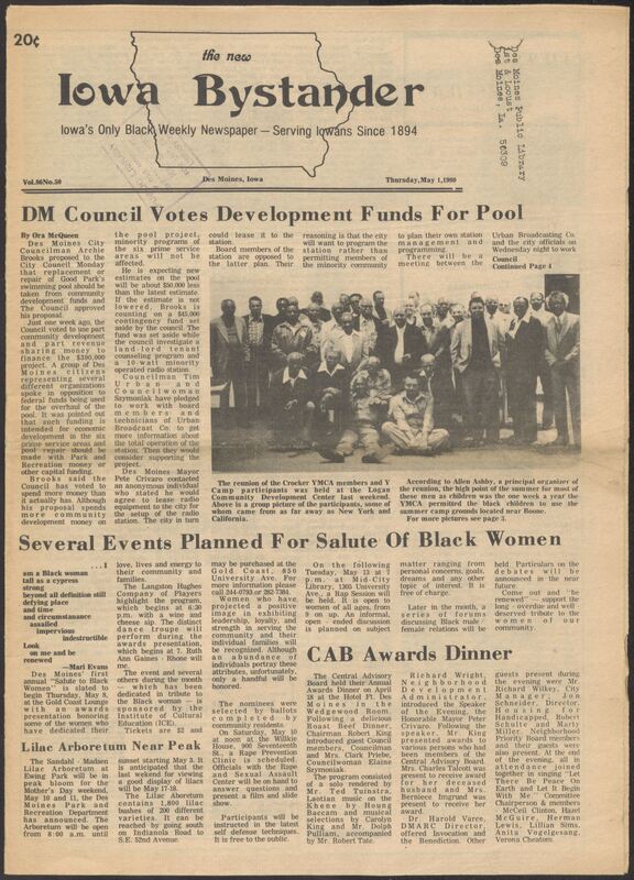 Iowa’s Bystander newspaper (going by various titles throughout the years) was established in Des Moines, Iowa in 1894. The weekly newspaper served as the voice of Iowa’s African American community and covered a variety of local, national, and occasionally international matters. Topics focused on the Black community and was founded with this intent. The newspaper went by various titles throughout the years including: Iowa State Bystander, Iowa Bystander, The Bystander, and The New Iowa Bystander.