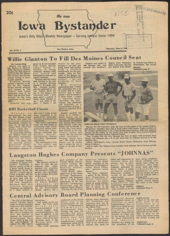 Iowa’s Bystander newspaper (going by various titles throughout the years) was established in Des Moines, Iowa in 1894. The weekly newspaper served as the voice of Iowa’s African American community and covered a variety of local, national, and occasionally international matters. Topics focused on the Black community and was founded with this intent. The newspaper went by various titles throughout the years including: Iowa State Bystander, Iowa Bystander, The Bystander, and The New Iowa Bystander.